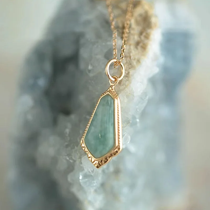 LAMOON Vintage Necklace Natural Amazonite Gemstone Embossed Pattern Pendant S925 Silver Gold Plated Chain Jewelry Charm NI191