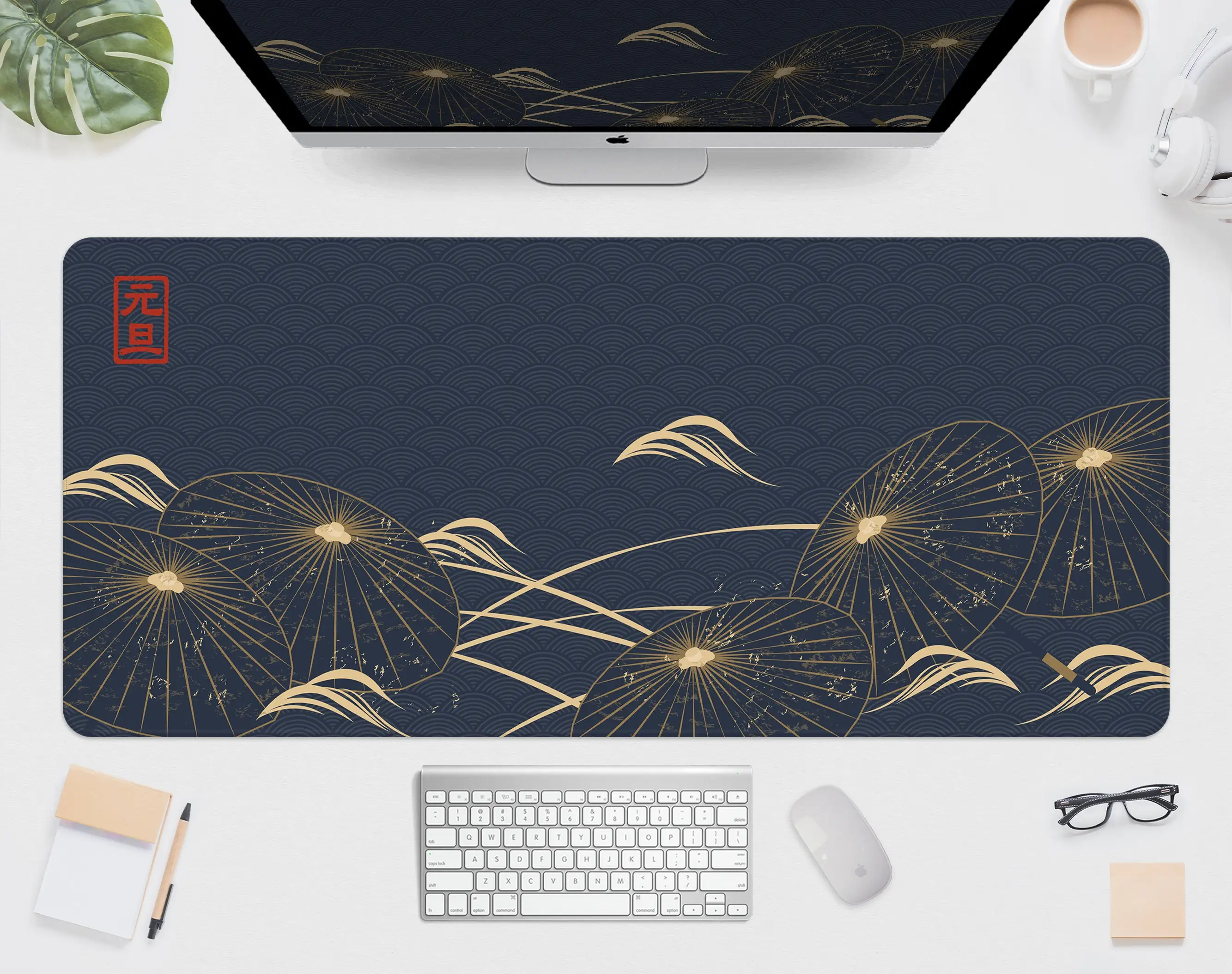 Japanese-style Large Mouse Pad, Blue and Gold Wave Gray and Black Seal, Minimalist Japanese Eastern Art,XXL Gaming Table Mat.