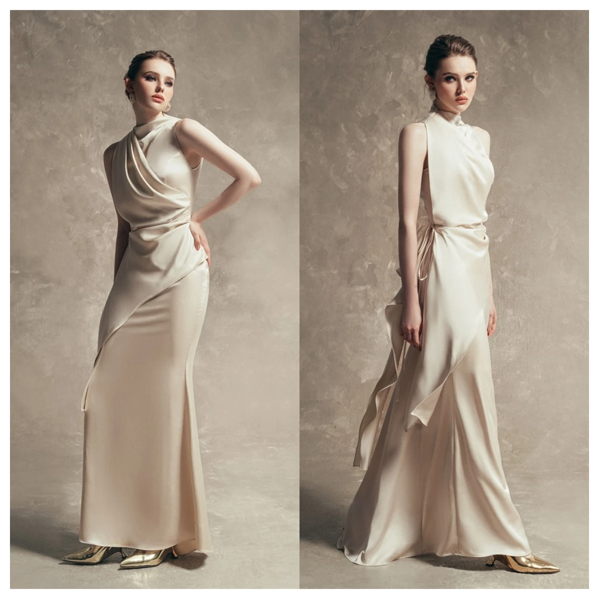 맞춤형 기질 아이보리 새틴 이브닝 드레스 오-넥 민소매 특별 행사 가운 럭셔리 연예인 가운 Hig