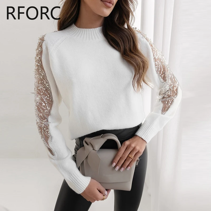 2023 Women Solid Hook Flower Hollow Sequins Patch Long Sleeves Knitting Pullovers Tops