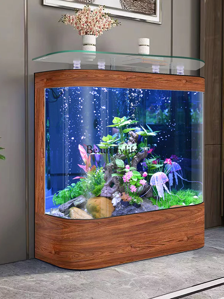 Simple round HD Glass Floor Vertical Fish Tank against the Wall Change Water