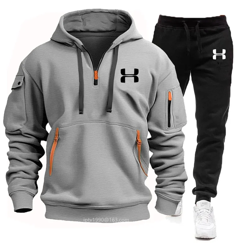 

Men's autumn and winter new multi-pocket zipper hoodie hoodie + casual pants two-piece fitness jogging sportswear suit