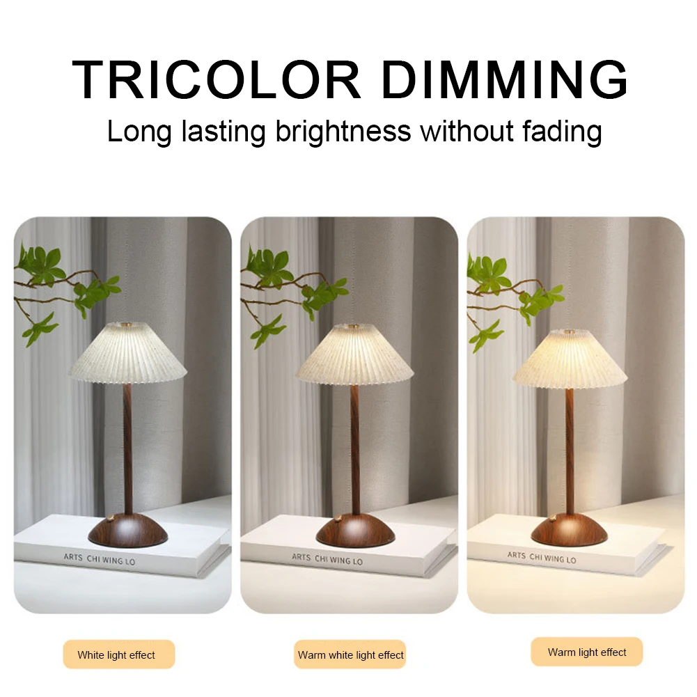 

Portable LED Desk Lamp Wood Base Touch Night Light Fabric Shade Bedside Table Lamp Rechargeable for Living Room Dorm Home Office