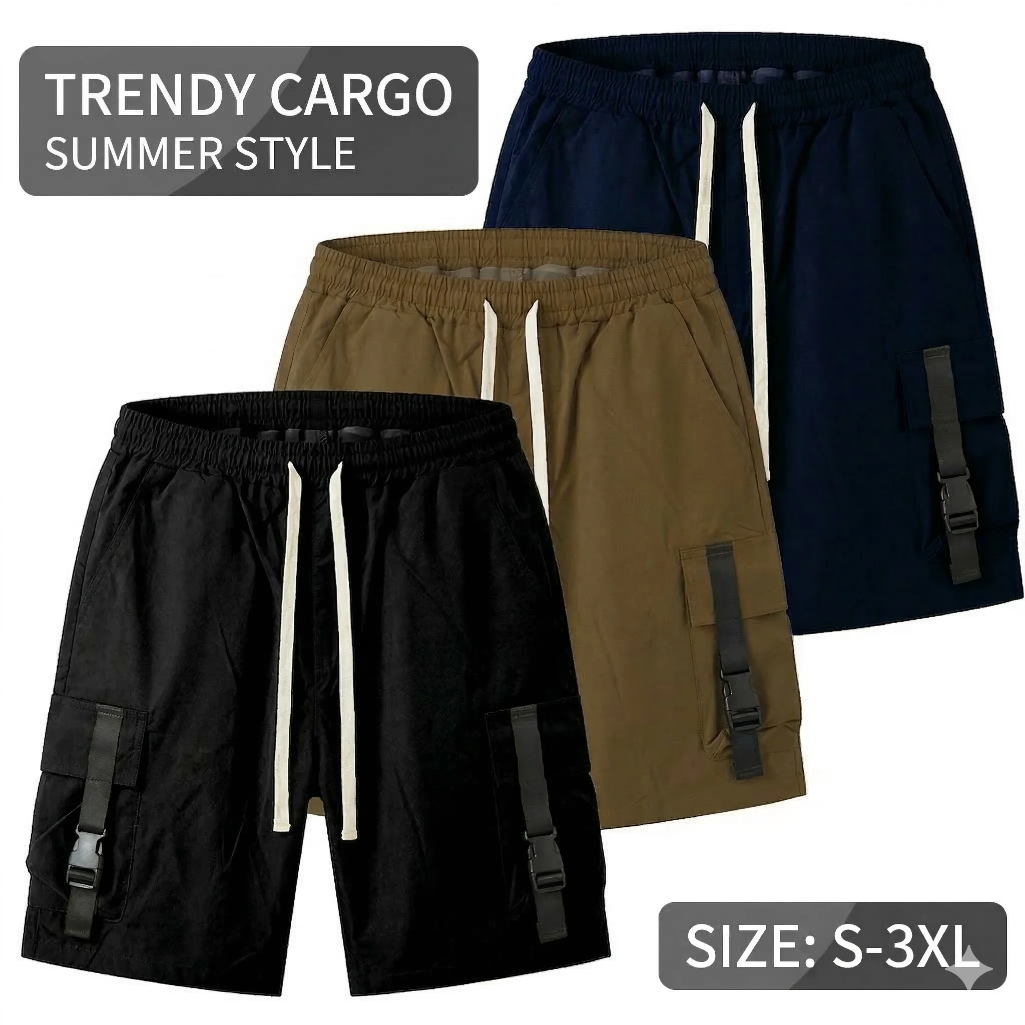 Techwear Cargo Shorts Men Streetwear Harajuku Buckle Ribbon Loose Short Pants Summer Y2K Casual Utility Bottoms