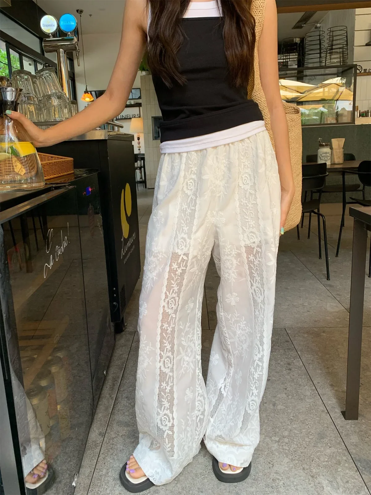 Casual Loose Pants Women White Embroidered Wide Leg Pants Summer Pants Women Long Pants Women\'s Summer Clothes