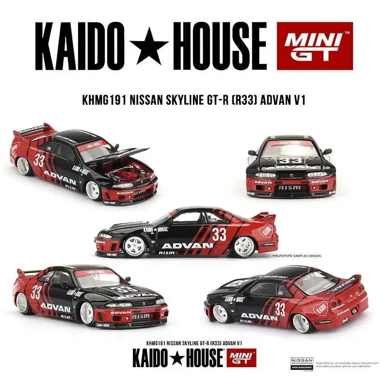 

PreSale KHMG 191 1:64 Nissan Skyline GT-R (R33) Kaido Works ADVAN V1 Car Model Openable Hood Diecast Kaido House MINIGT