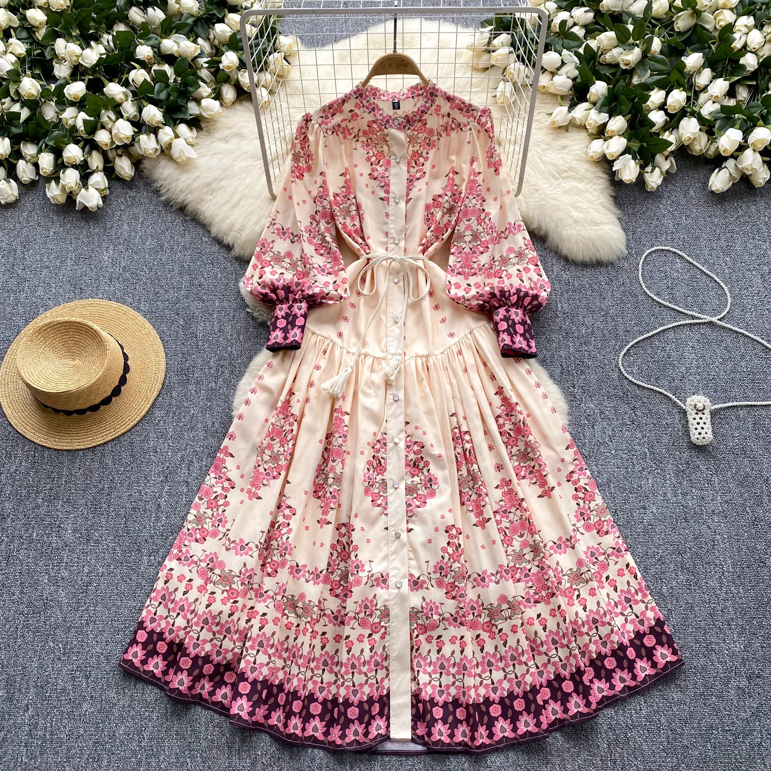 

Retro Single Breasted print pleated o neck summer Dress A-line Lantern Sleeve Vacation Party Women Vestidos dresses