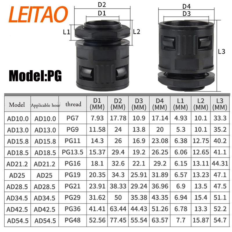 Corrugated Pipe Joint Plastic Tube Connecto Bellows Joint AD10-PG7-AD54.5-PG48 Cable Gland Nylon Joint