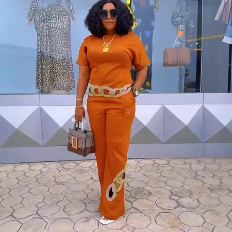 Plus Size Africa Style Hollow Diamond Women's Two-Piece Set Pure Color Top Fashionable Casual Comfortable Cotton Blend Long S...