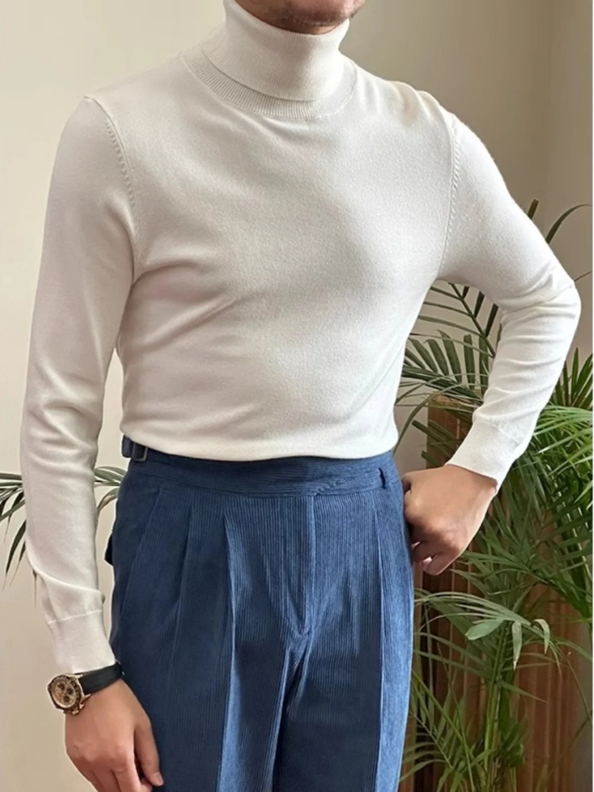 

Универсальный мужской вязаный свитер с высоким воротником, модный теплый базовый слой, в британском стиле, для весны и осени