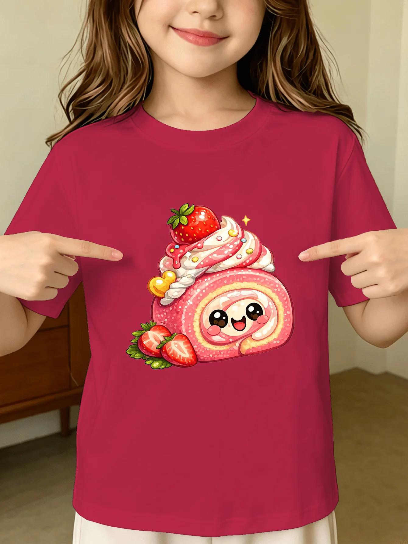 Strawberry Roll Cake Kids Tee Dessert Cartoon Print Boys Girls Family Matching Cotton Summer Short Sleeve Basic Children Tshirt