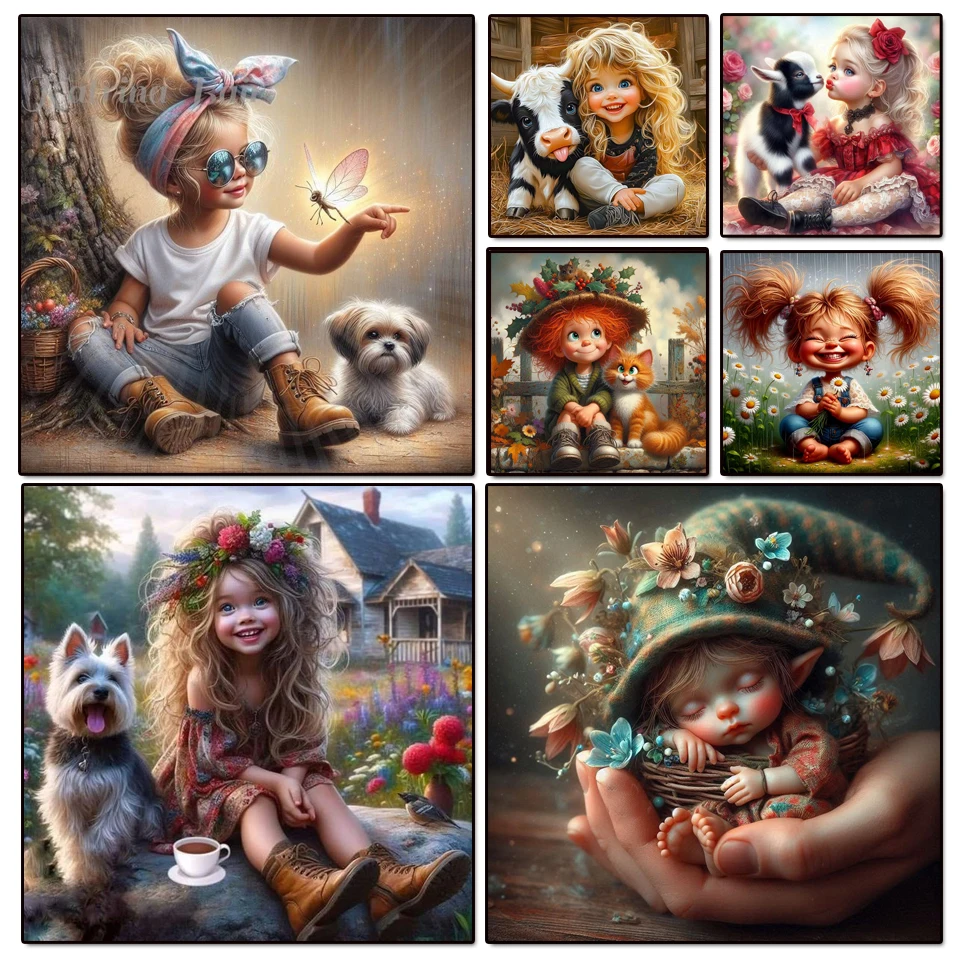

Diy 5d Diamond Painting Art Cartoon Girl and Dog Cat Full Round Square Drills Embroidery Mosaic Elf Cross Stitch Wall Decor