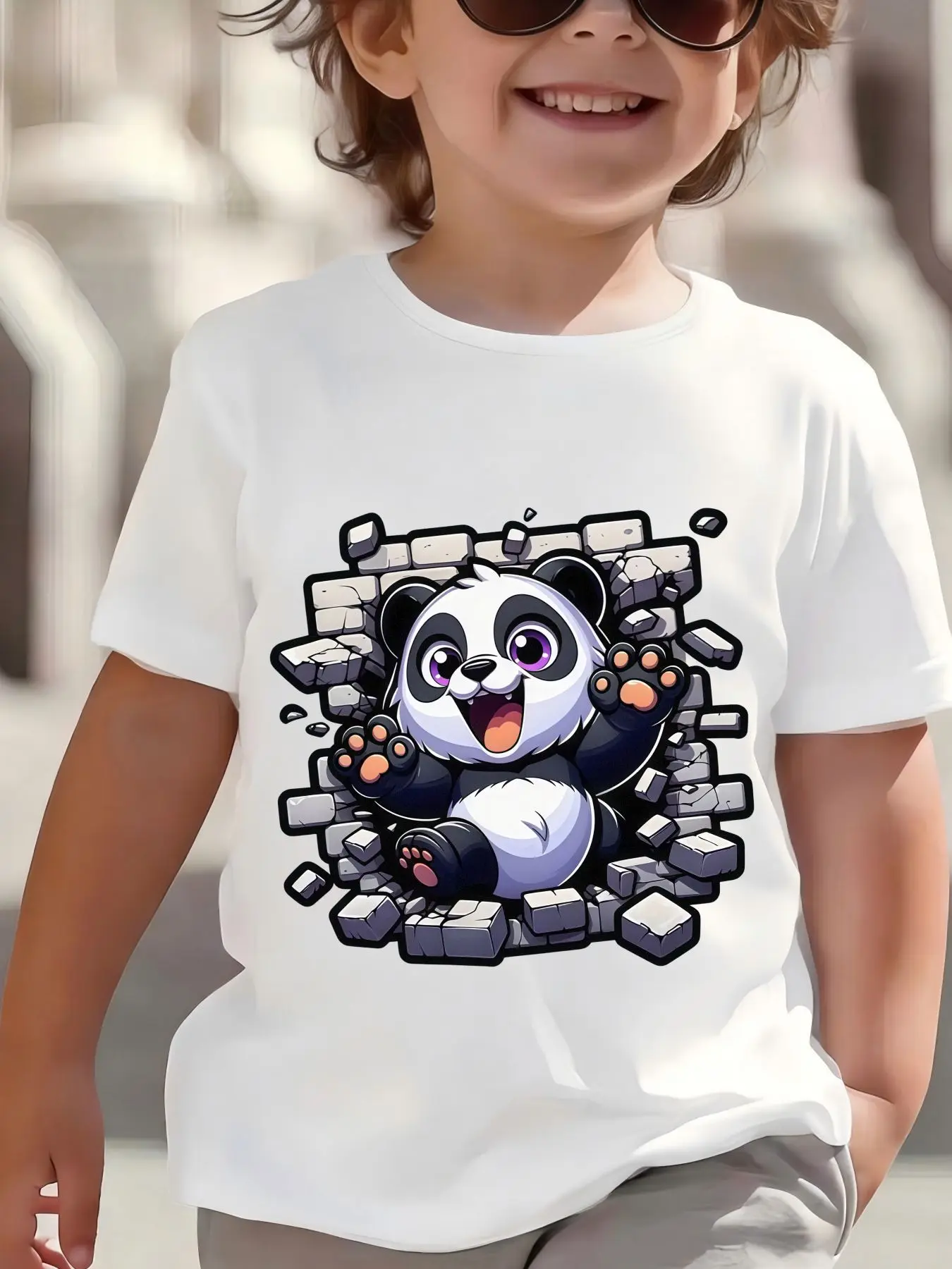 Kids Cute Panda Breaking Brick Wall Graphic Tee Boys Girls Family Matching Short Sleeve Fun Animal Cartoon Casual Daily T Shirt