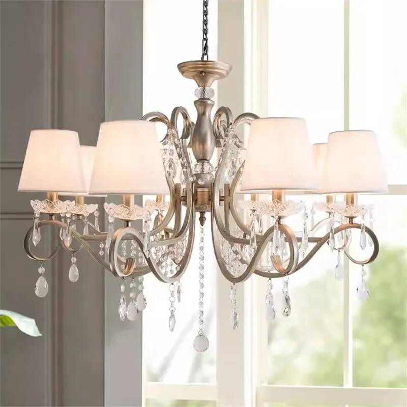 American country chandelier, wrought iron home living room light, creative simple dining room, vintage silver French crystal, be