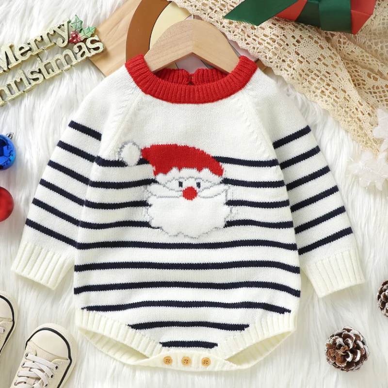 Clothes White Santa Claus Knitted Newborn Infant Long Sleeve Onesie Coveralls Toddler Christmas Jumpsuits Winter Baby Boys Girls