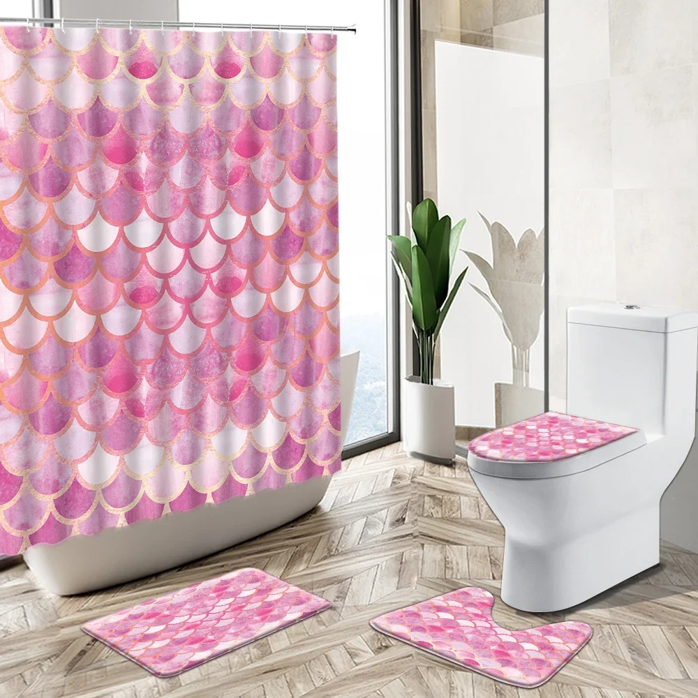 Mermaid Scale Shower Curtain Set Color Geometric Pattern Home Decor Bath Mat Toilet Lid Cover Flannel Bathroom Non-Slip Carpet