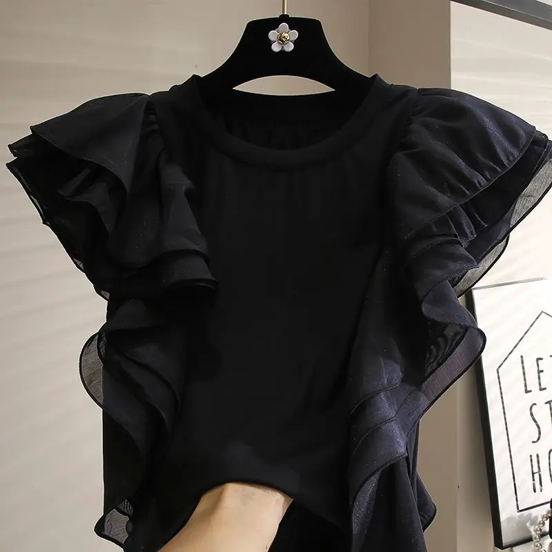 Sweet Ruffle Stitching Three-dimensional Large Flower Round Neck Short Sleeve T-shirt Women\'s Shirt Trend Women Clothes
