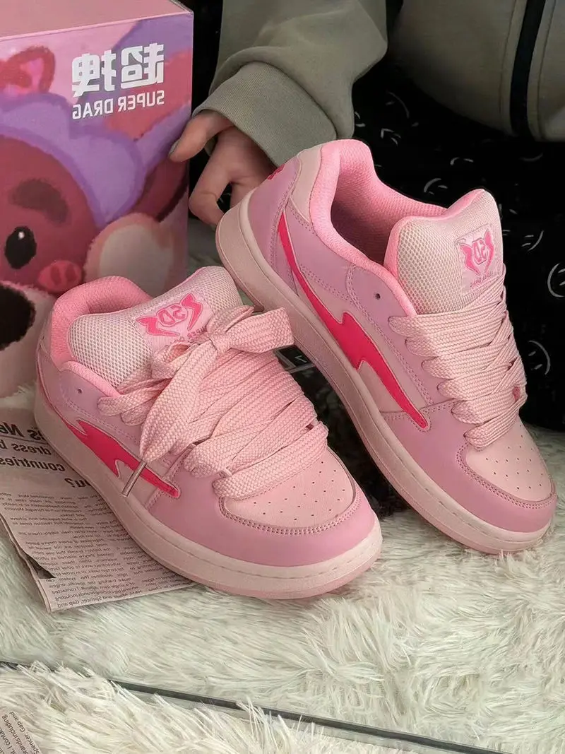 Spring Women Breathable Sneakers Pink Lightning Shoes Thick Heel Cute Sneakers Casual Running Platform Y2K Lolita Sports Shoes