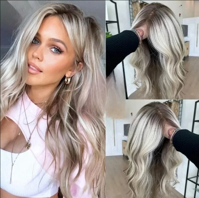 

Women's Wig Highlight Ash Platinum Synthetic Wig With Dark Roots Body Wave 13*4 HD Transparent Lace Top Wigs On Clearance Sale