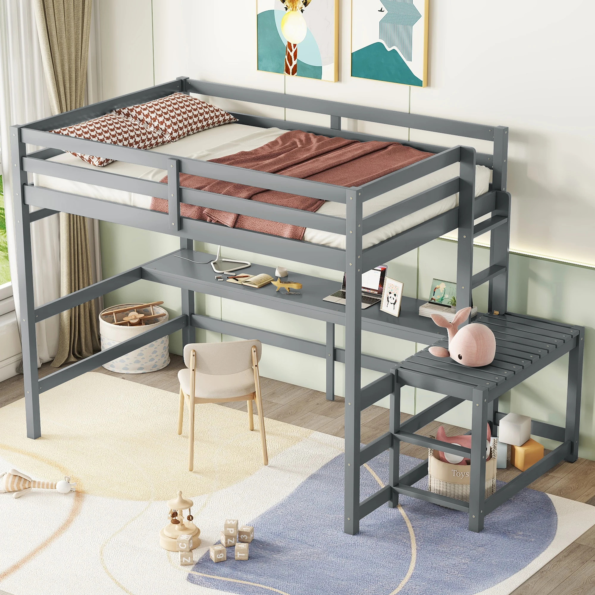 Full Loft Bed with Built-in Desk, Ladder Platform, Guardrails, Grey  97.80x57x67.50 in.