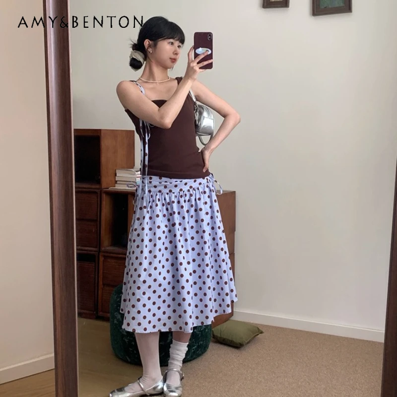 

Korean 2025 Summer New Yellow Asymmetric Polka Dot Lace-up Women's Vest Original Single Shoulder Sweet Cool Sexy Sling Ladies