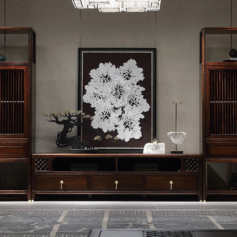 

New Chinese ebony TV cabinet, modern simple floor cabinet light luxury solid wood living room furniture
