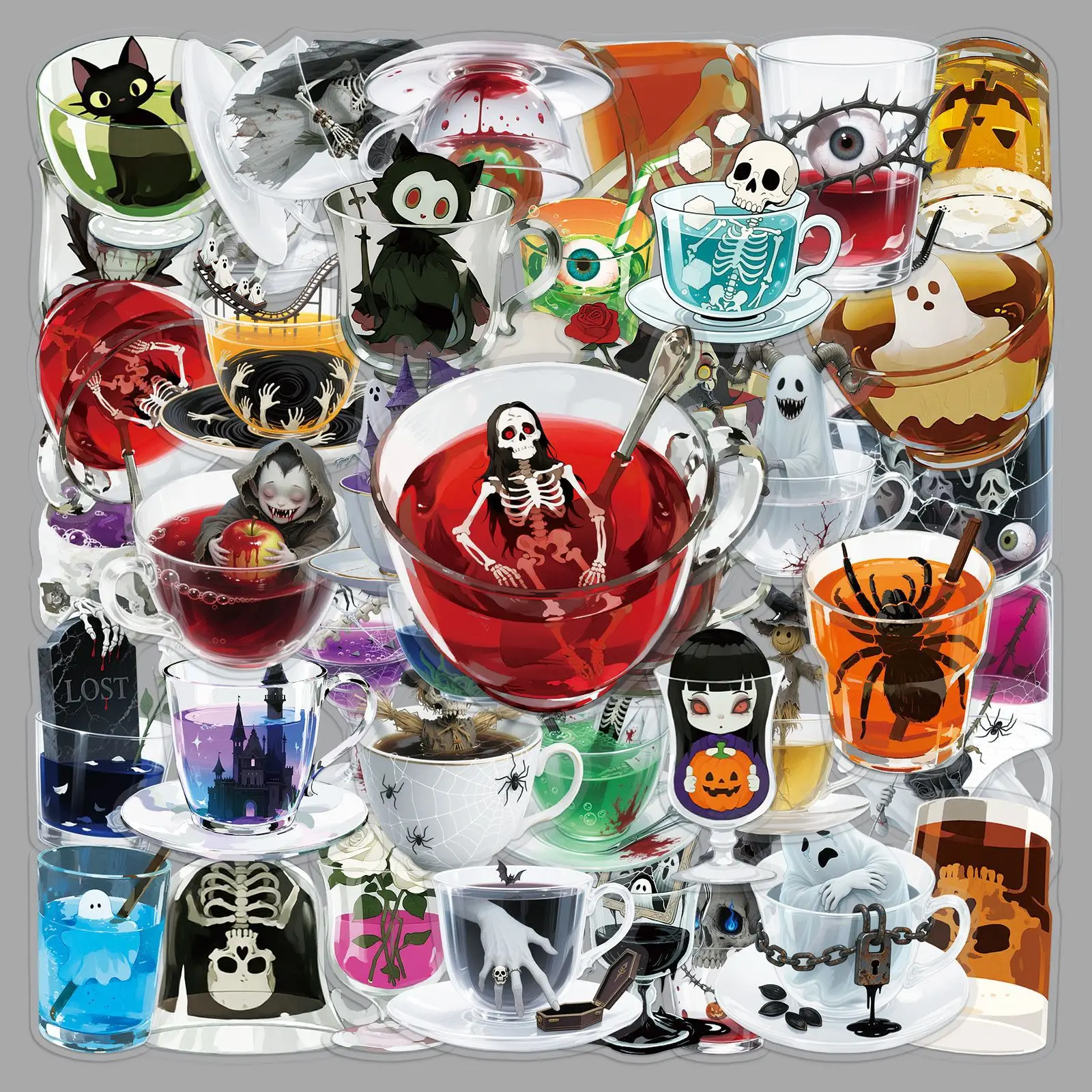 

50PCS Cartoon Transparent Weird Tea Cup Sticker PET Halloween Skeleton Horror Ghost DIY Waterproof Decorative Phone Case Gifts