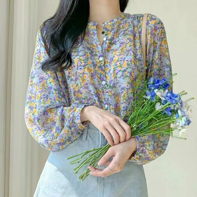 2024 Cute Women Elegant Print Chiffon Blouse Spring Summer Casual Long Sleeve V Neck Loose Shirt Office Lady Button Sweet Tops