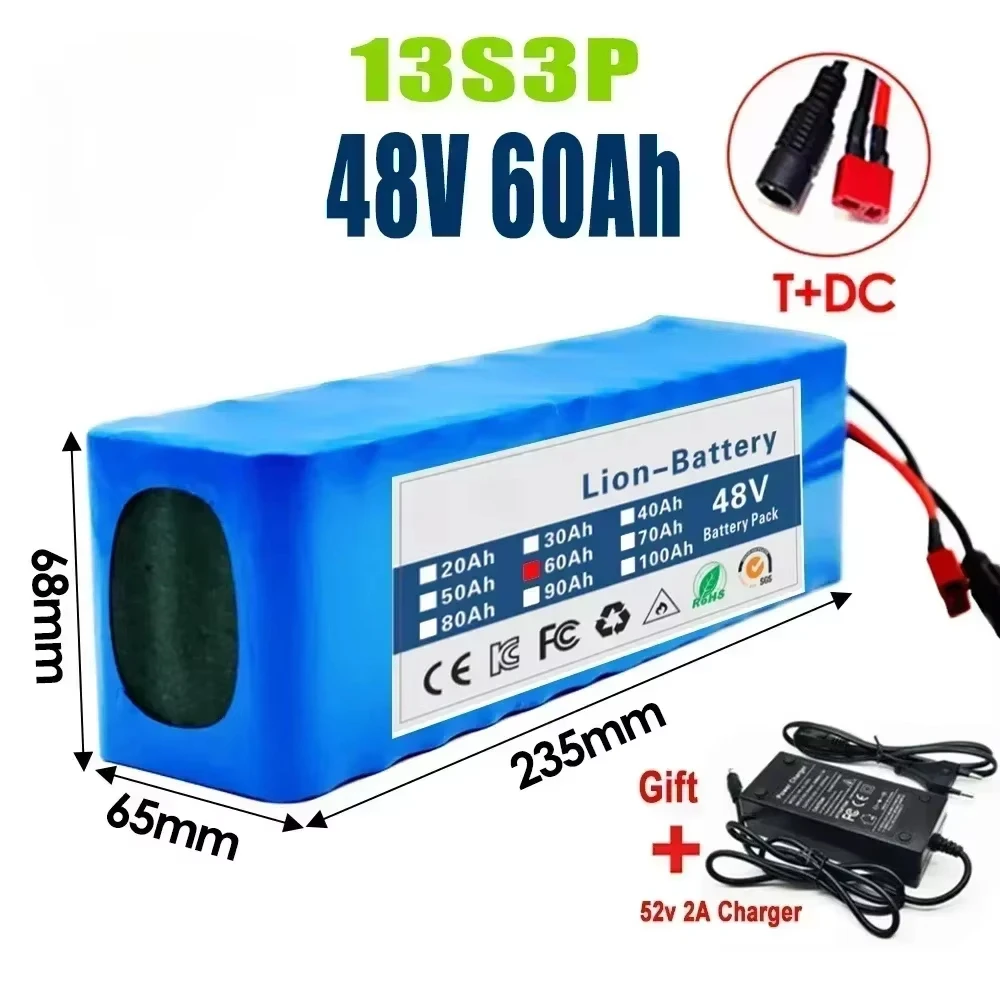 Gaiaray 2025 New 48V 100Ah 2000W 13S3P DC/T Lithium Ion Battery Pack Suitable for 48V motors with BMS+54.6V Charger