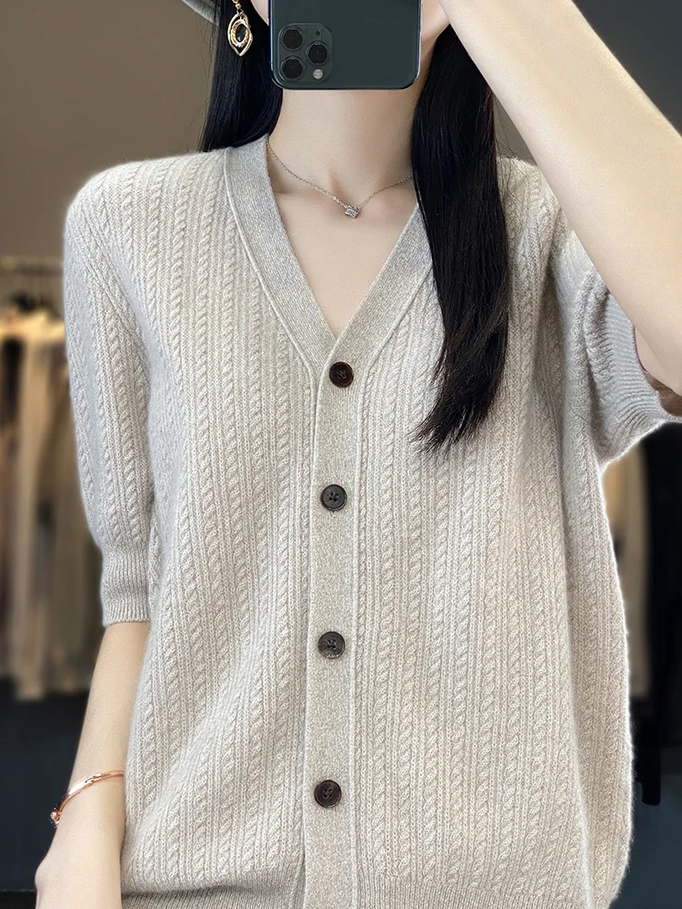 Suéter de lana con cuello en V para mujer, cárdigan de manga corta, fino, suelto, camisa de cáñamo, suéter de lana pura 100%, abrigo de camiseta, primavera y otoño, nuevo