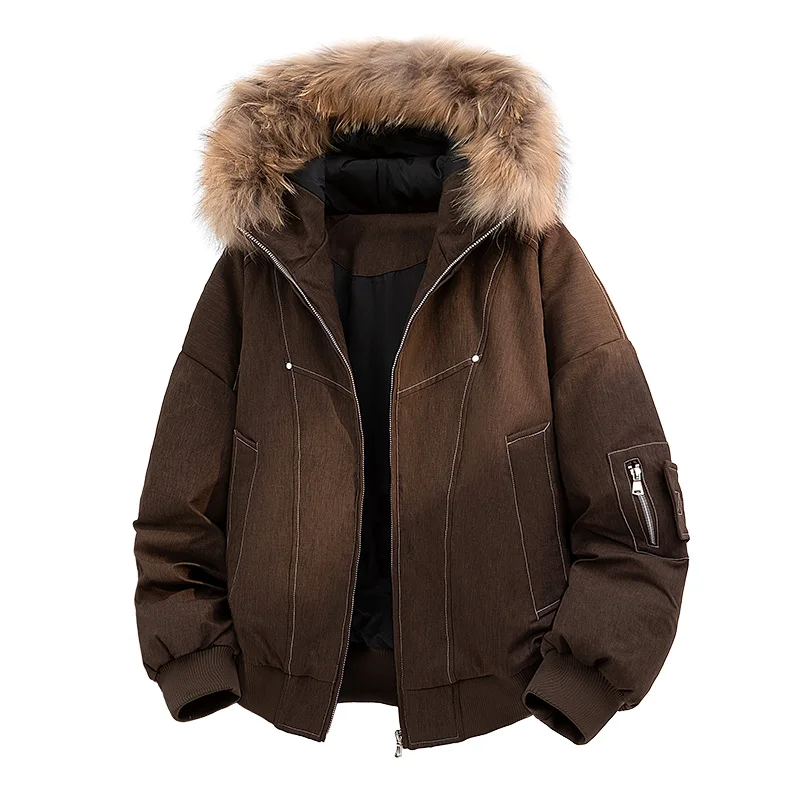 

High Quality Men's Fur Collar Hooded 90% White Duck Down Jacket 2025 Winter Warm Loose Puffer Coat Outwear Windproof Thick Parka