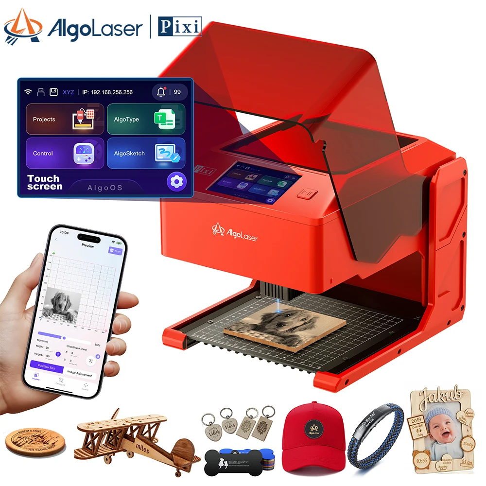 Algolaser Pixiレーザー彫刻機、タッチスクリーン自動調整電力/速度、DIYギフト製作デスクトップレーザー彫刻機
