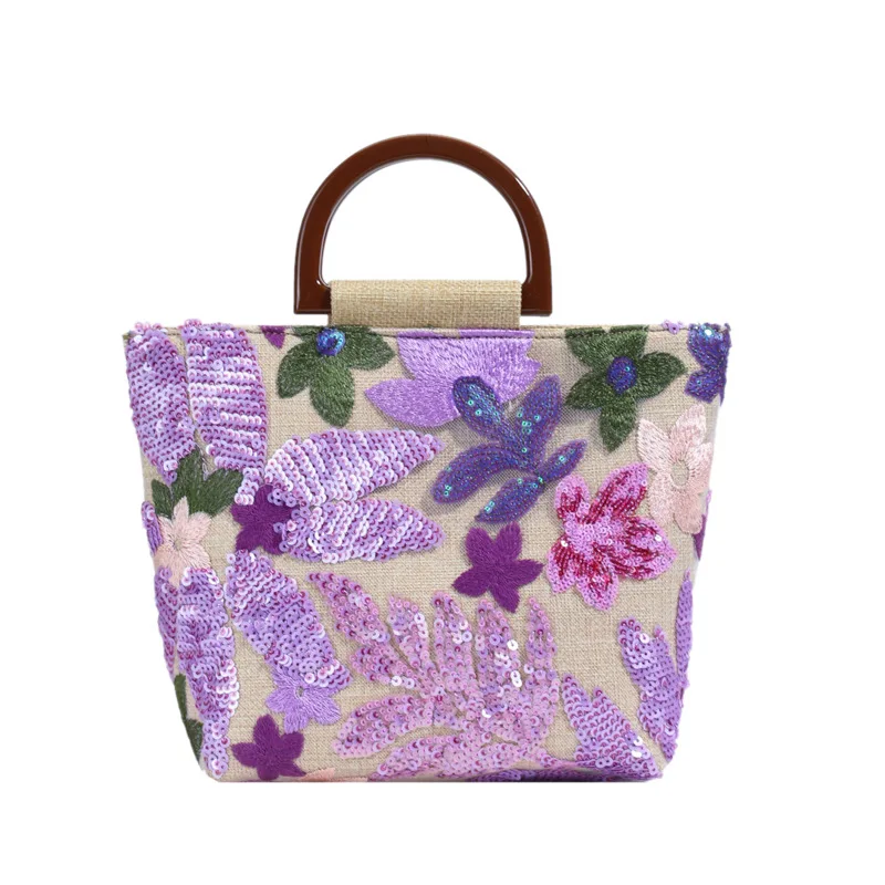 Straw Woven Beach Bag with Embroidered Flower Sequins