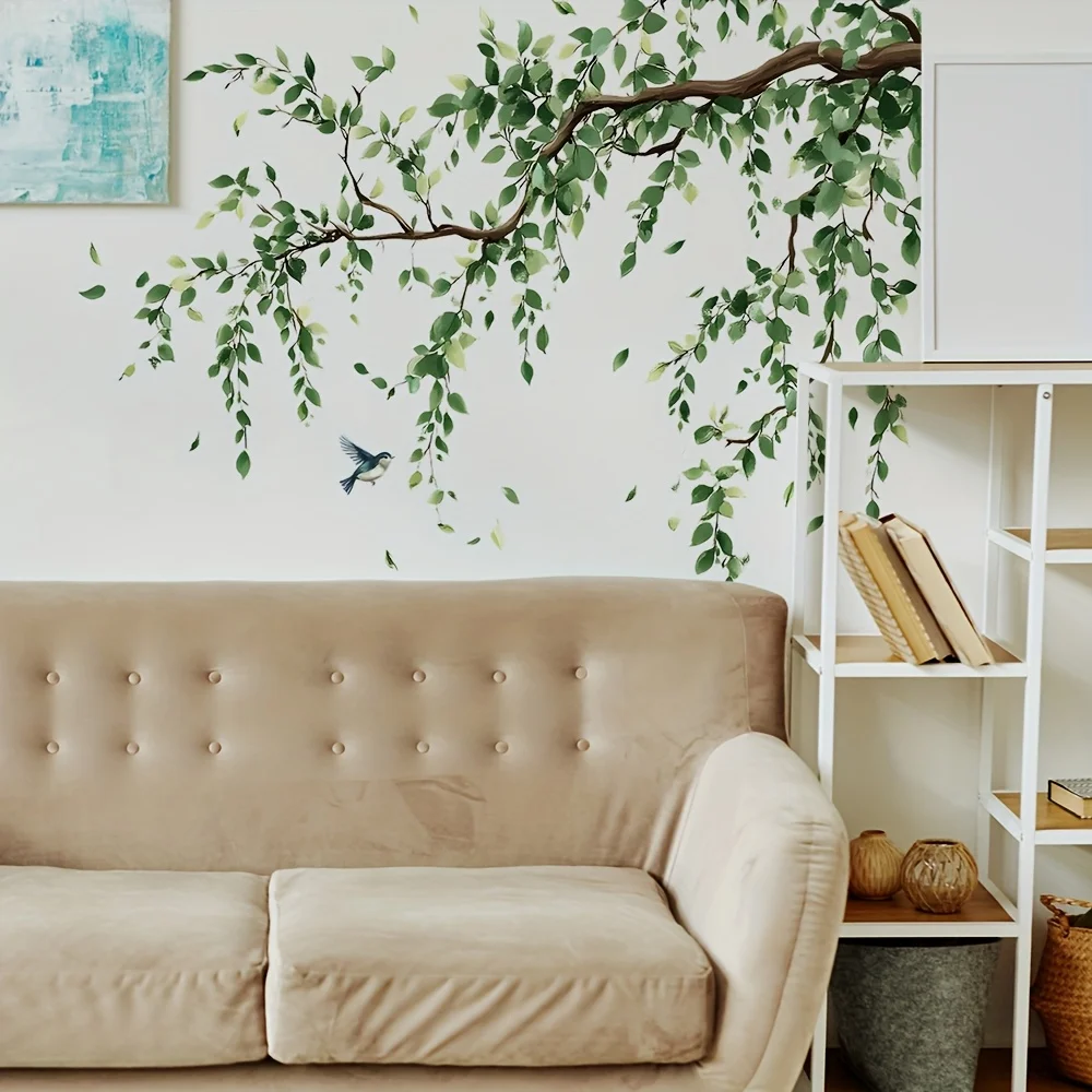 Tree Branch Wall Decal Green Leaves with Bird Sticker Removable Peel and Stick Wall Art Vinyl Mural for Living Room Home Decor