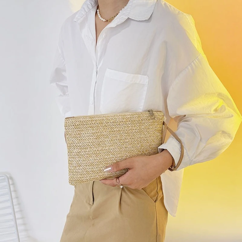 Summer Beige Straw Clutch Bag, Herringbone Weave Wristlet Strap, Boho Aesthetic, Perfect for Beach Trips Casual Summer Events.