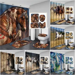 Horse Printed Shower Curtain Set Waterproof Bathroom  with Hooks  Sets    and Rugs Home Decor