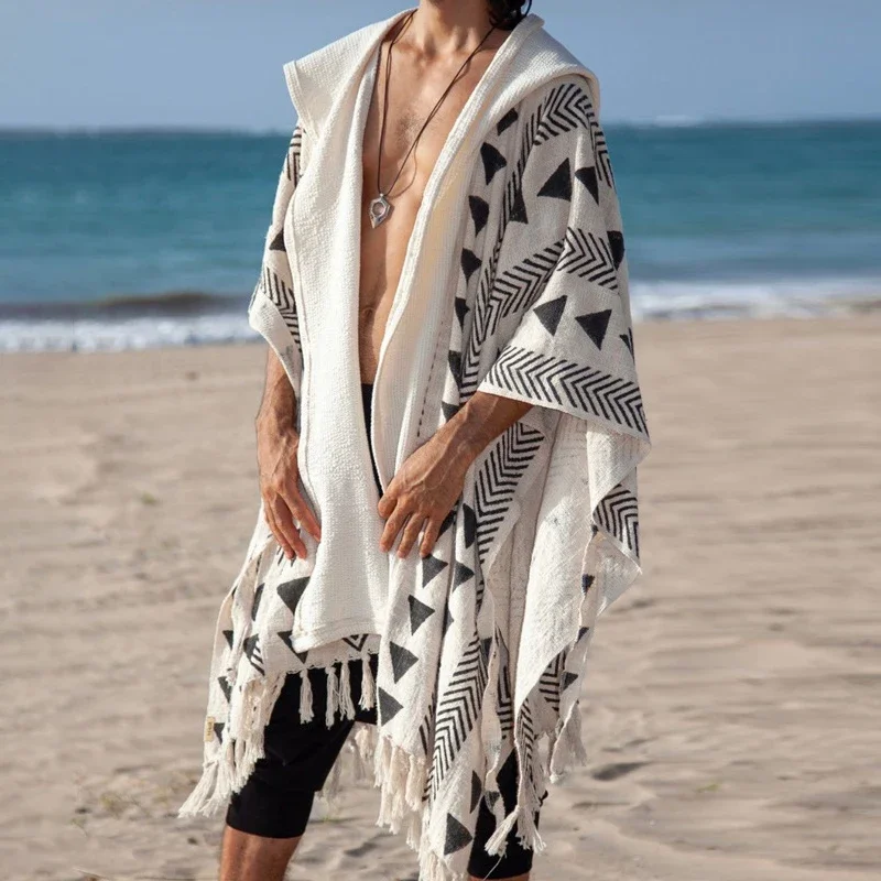 

Отпуск, приморский пляж, повседневные свободные мужские халаты, летние уличные дышащие солнцезащитные плащи для отдыха, мужские кардиганы с этническим принтом