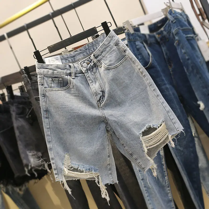 Light Wash Ripped Distressed Denim Shorts Women High Waist Raw Frayed Hem Straight Leg Jean Shorts