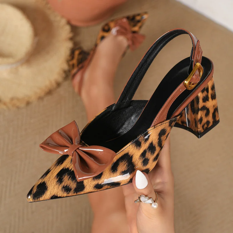

Pointed-toe sexy high-heeled shoes with chunky heels, leopard print, color-blocking, closed-toe, backless women's sandals