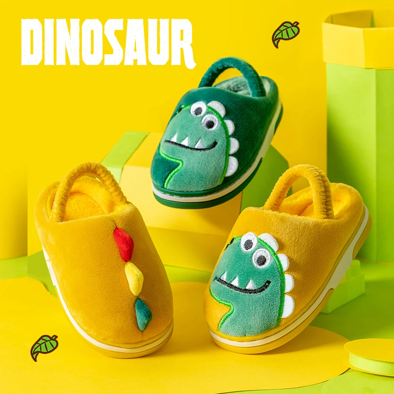 

Зимняя домашняя хлопковая обувь для детей, плюшевые тапочки с вышивкой динозавра из мультфильма, мягкая подошва, нескользящая теплая домашняя обувь