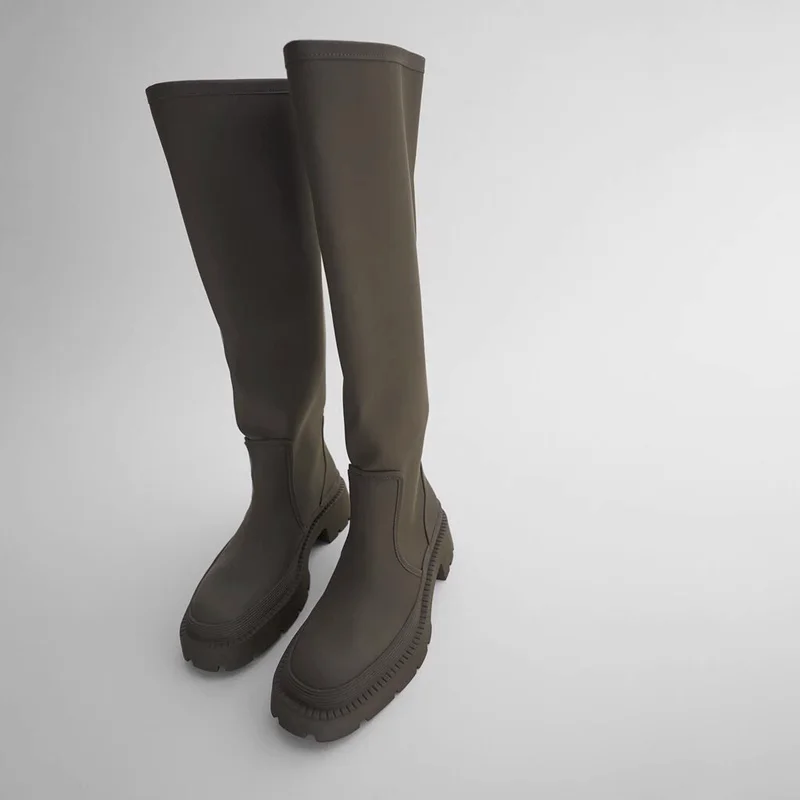 Spring Autumn High-Tube Booties Thi Bot Ankle Boots een Faionable Rain Boots round Toe Mid-Calf Boots for Young Women