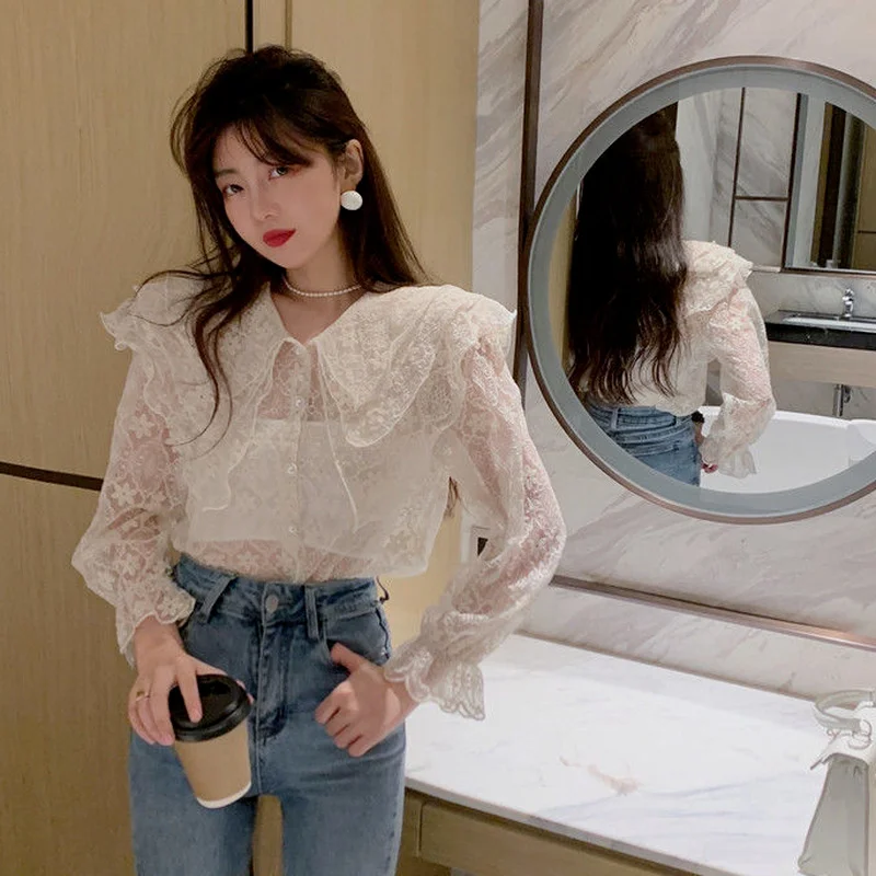 Shirts Women Sheer Thin Summer Sweet Ladies Fashion Lovely Simple Blusas Hot Sale Preppy Style Peter Pan Collar Ulzzang Holiday