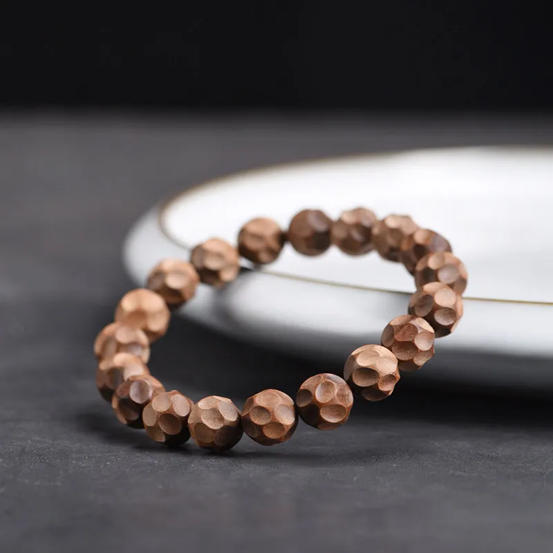 Indian Old Mountain Sandalwood Uncarved Hammer Pattern Bead Bracelet Single Circle Prayer Beads for Men and Women Gifts