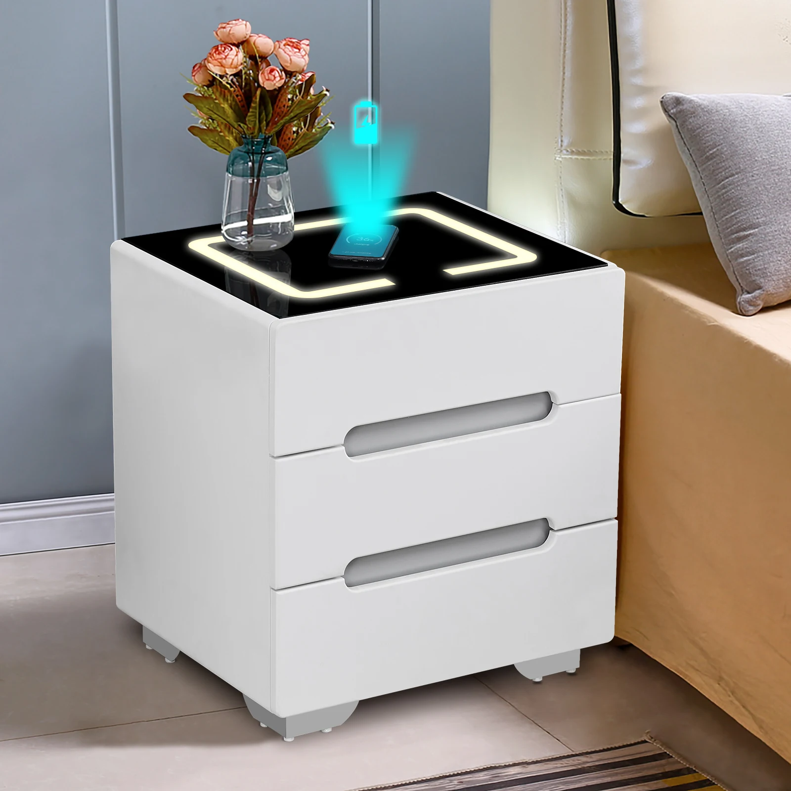 Table de chevet intelligente CLIPOP avec station de charge sans fil, table de chevet LED avec tiroirs, table de chevet moderne pour la chambre à coucher