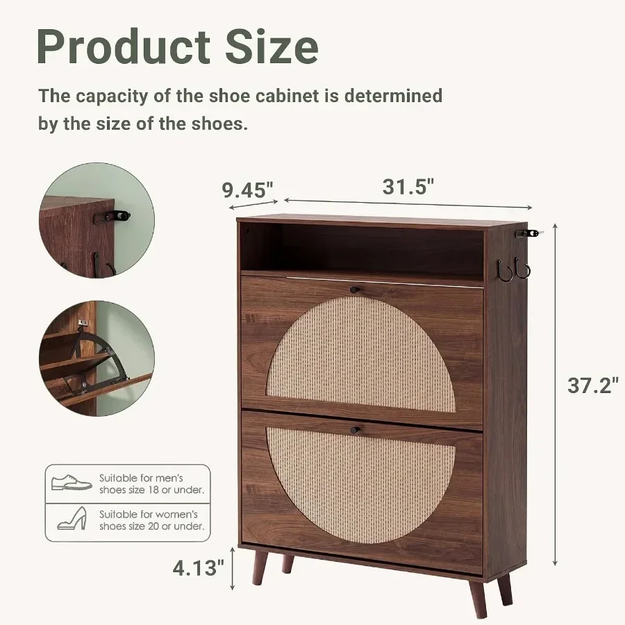 Rattan Shoe Cabinet Storage for Entryway with 2 Flip Drawers, Walnut