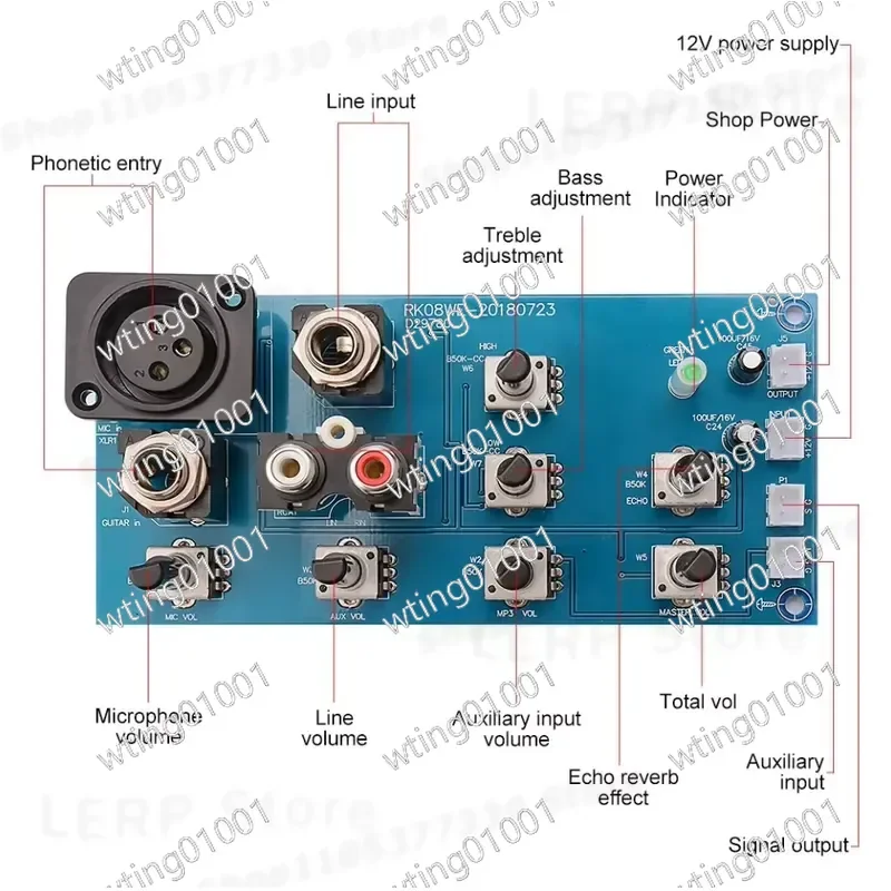 for Dual Mic 3 Line Aux Input Preamplifier Board with 2 Band EQ Tone Control and Reverb Effect Audio Amplifier Module