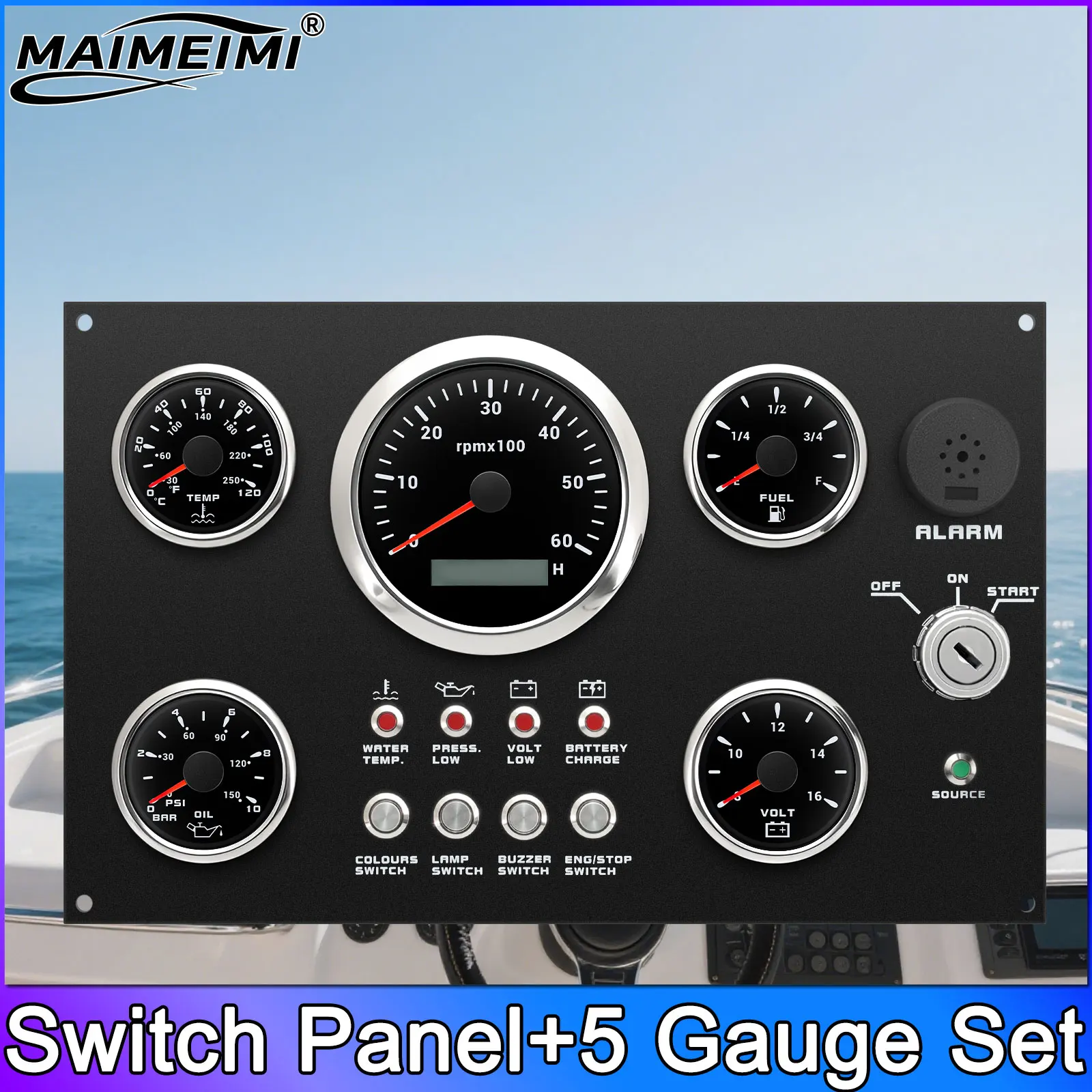 

5 Gauge Set Switch Panel Boat Dashboard 85mm Tachometer 3000 8000 RPM +52mm Fuel Level Meter Voltmeter Oil Press Gauge 12V