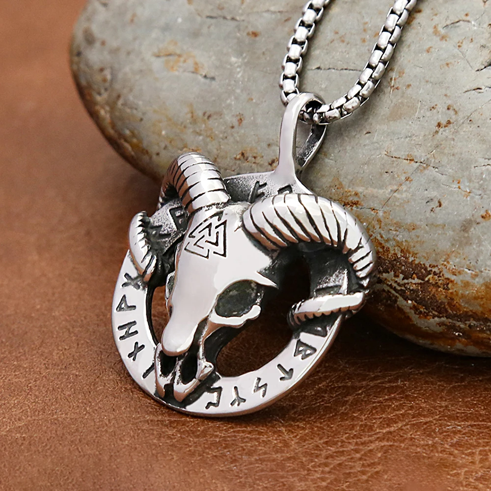 Norse Mythology Ram Skull Charm Pendant Necklace Stainless Steel Viking Rune Animal Amulet Pendant Unisex Hip Hop Jewelry Gift