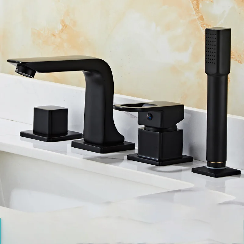 4Pcs/Set Black Brass Bathtub Faucet With Handheld Shower Diverter Pull Out Shower Head Widespread Tub Sink Tap Hot Cold Mixer