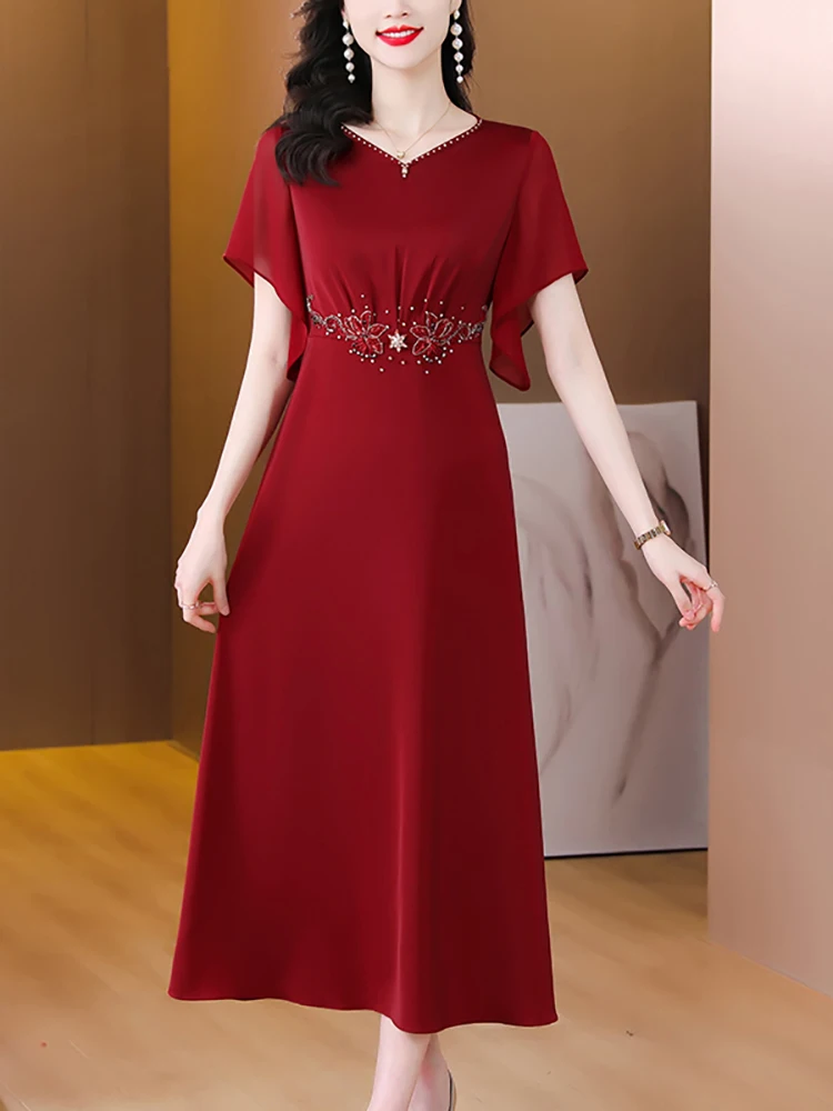 Women Red Silk Satin Luxury Prom Dress Summer Short Sleeve Chic Diamond Dress 2024 Long Evening Party Dress Elegant Wedding Robe